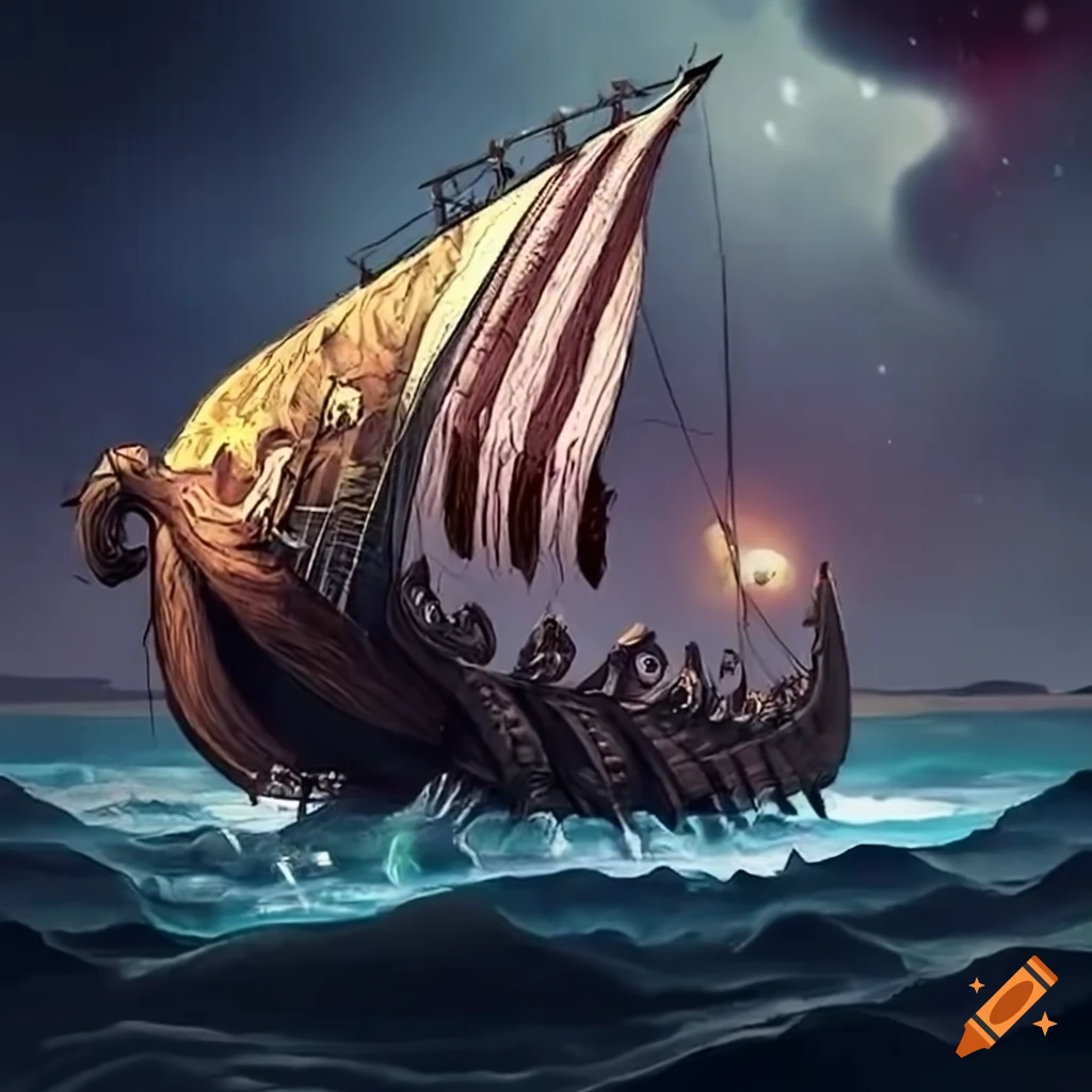 Unsinkable viking ship sailing towards the edge of the earth on craiyon