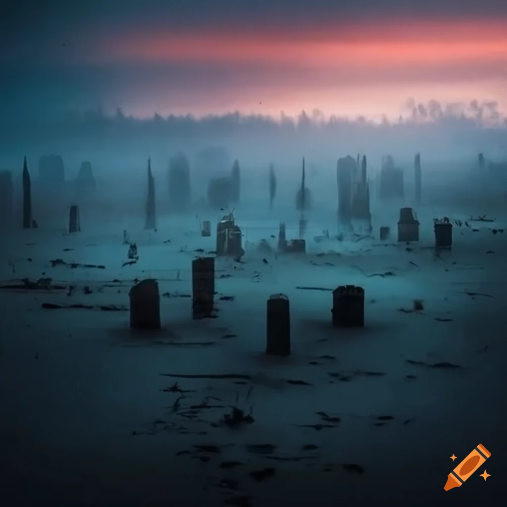 Apocalyptic landscape with nuclear explosion aftermath and dramatic lighting