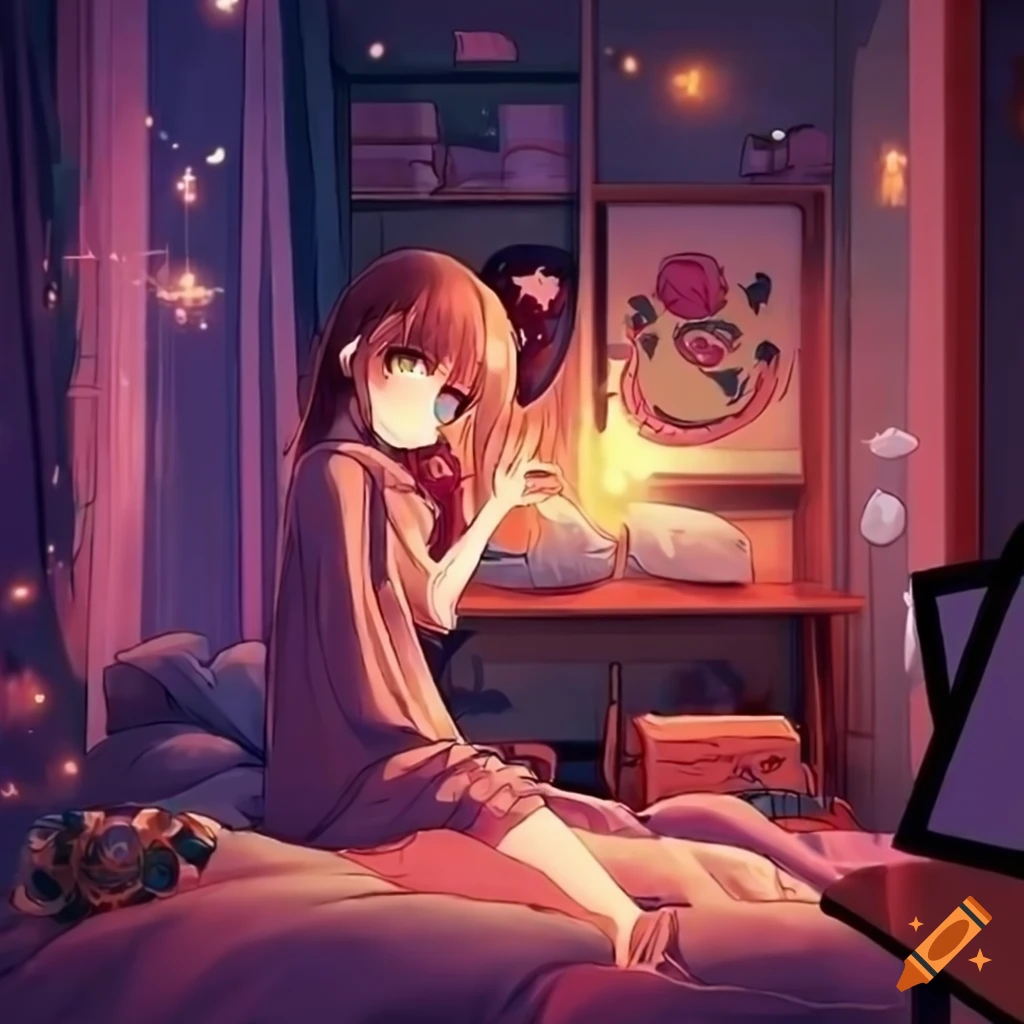 Anime girl in a cozy moon-themed lofi bedroom