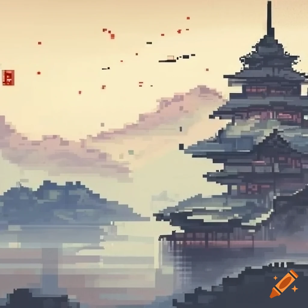 Pixel art with dithering depicting a Traditional Chinese ink painting scene