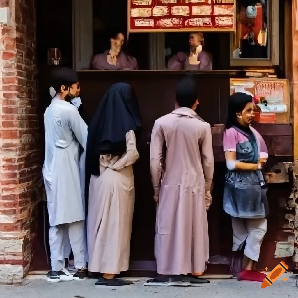 Group of people with Arabic features at an outdoor tea stall