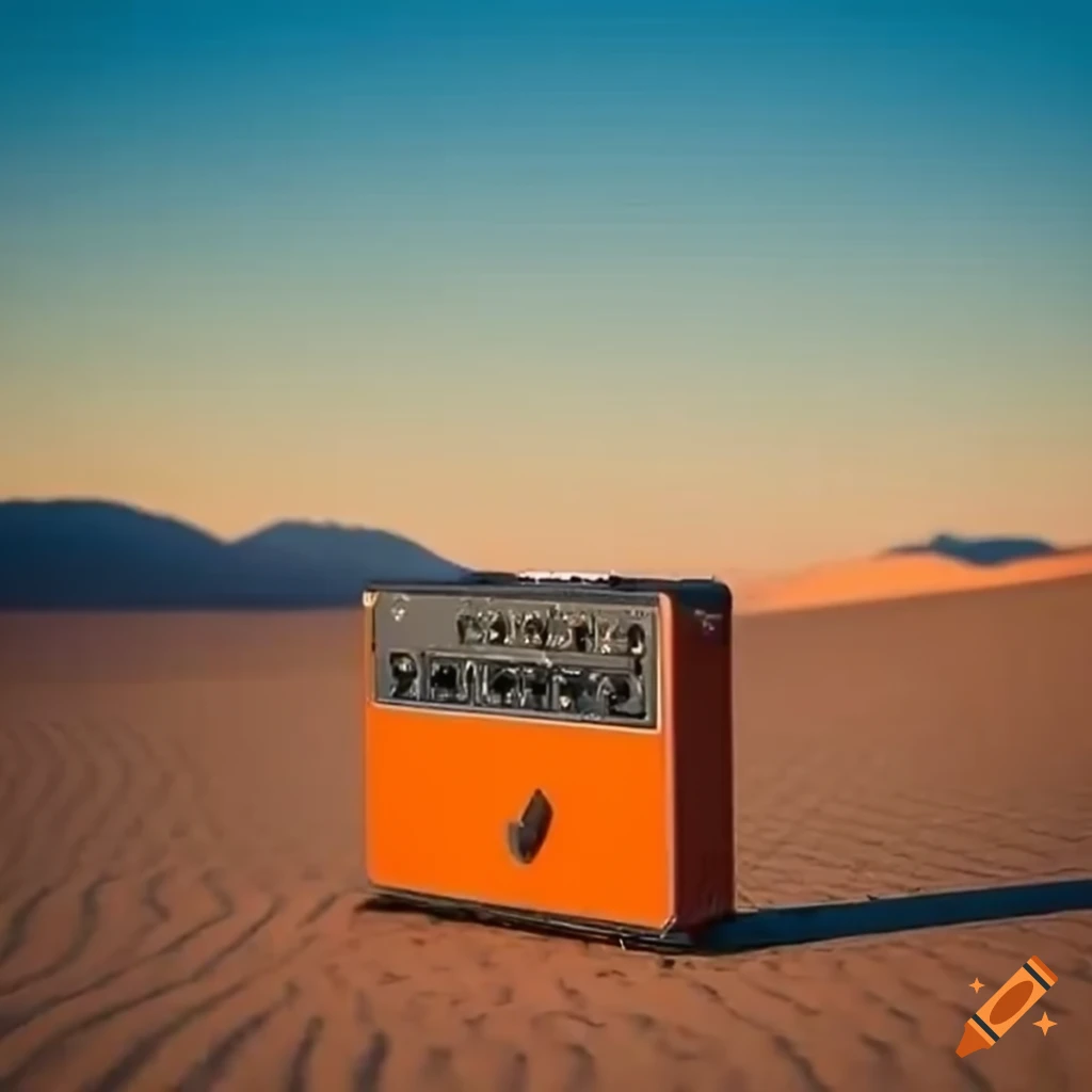 Orange guitar amplifier in a desert landscape with stoner rock quartet playing
