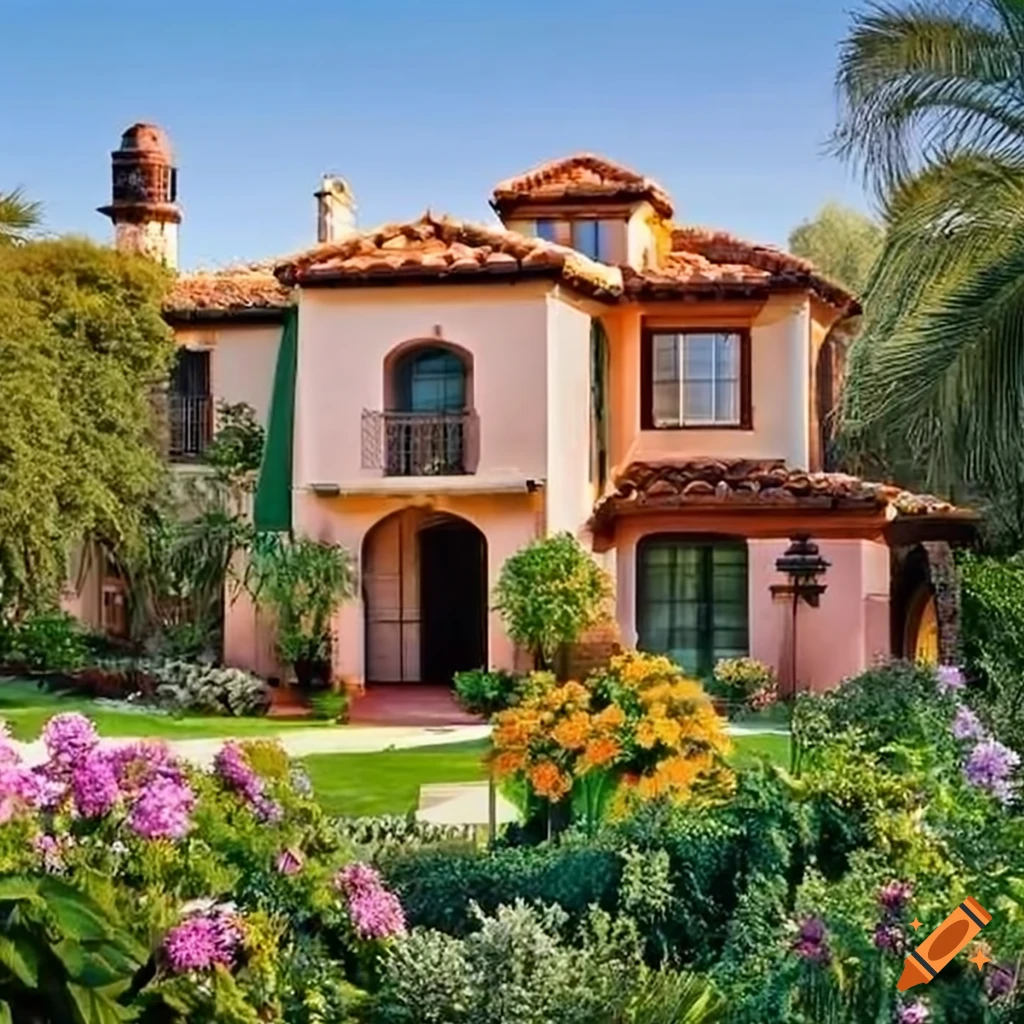 Mediterranean revival home with red terracotta roofs and white stucco walls