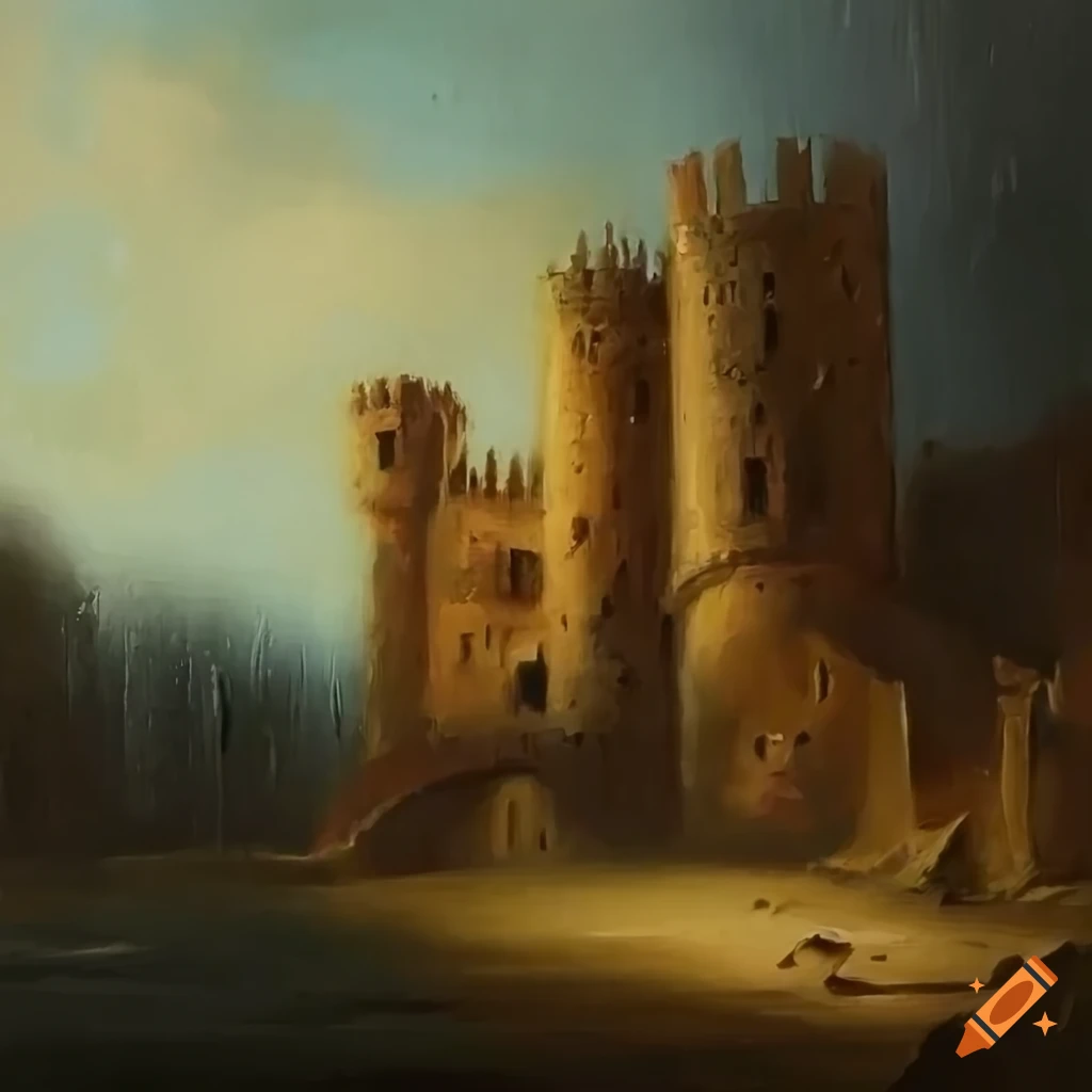 Oil painting of an old citadel in rainy weather