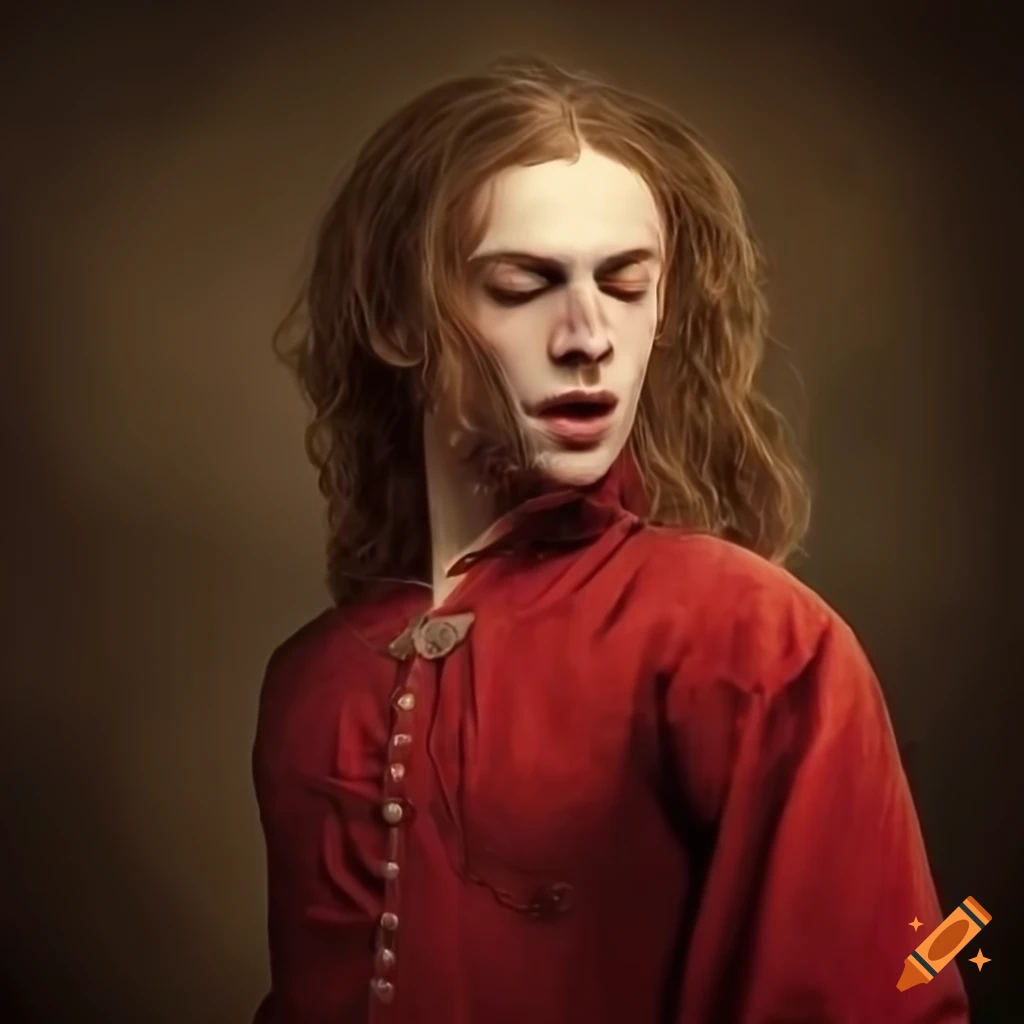 Young bard with long light hair singing joyfully with eyes closed and holding a lute in sharp lighting