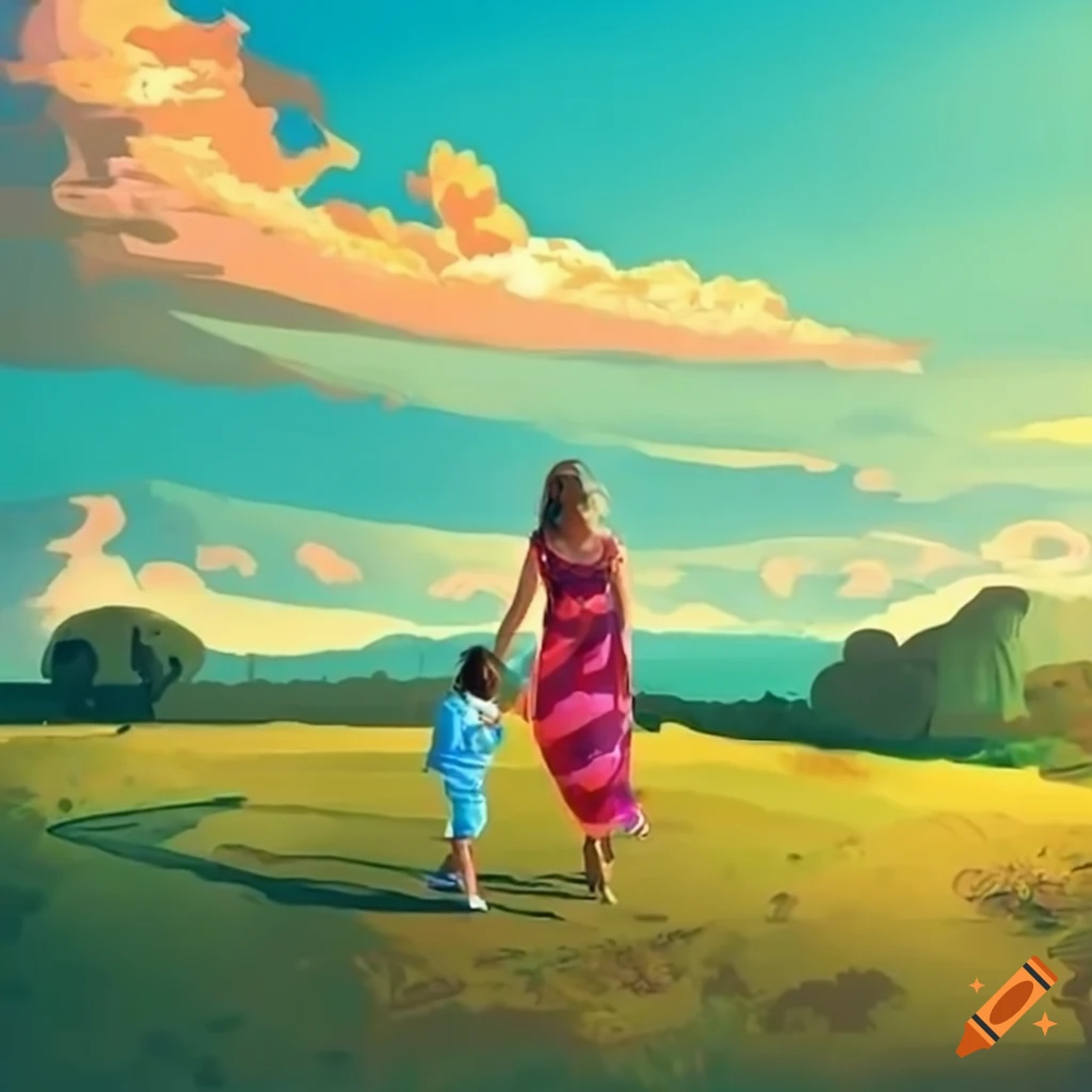 Mother and son walking on a farm with a horse in a Brazilian-style landscape
