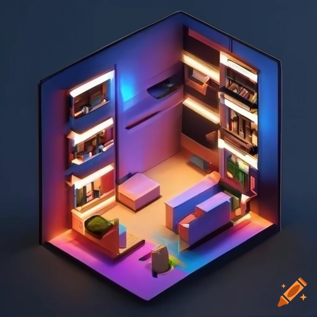 Isometric tilt-shift playing card-themed apartment with indirect lighting