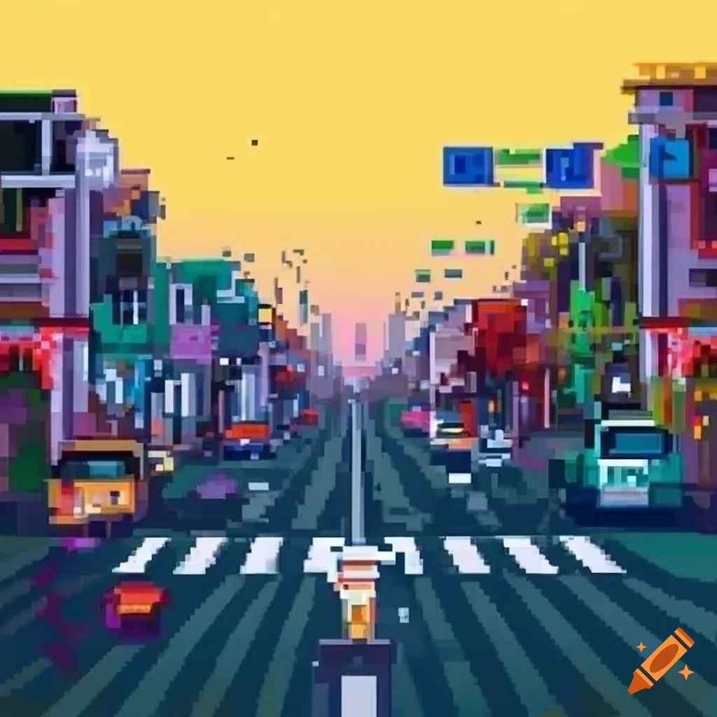 Pixel art Sega Genesis inspired narrow streets view with crowd traffic
