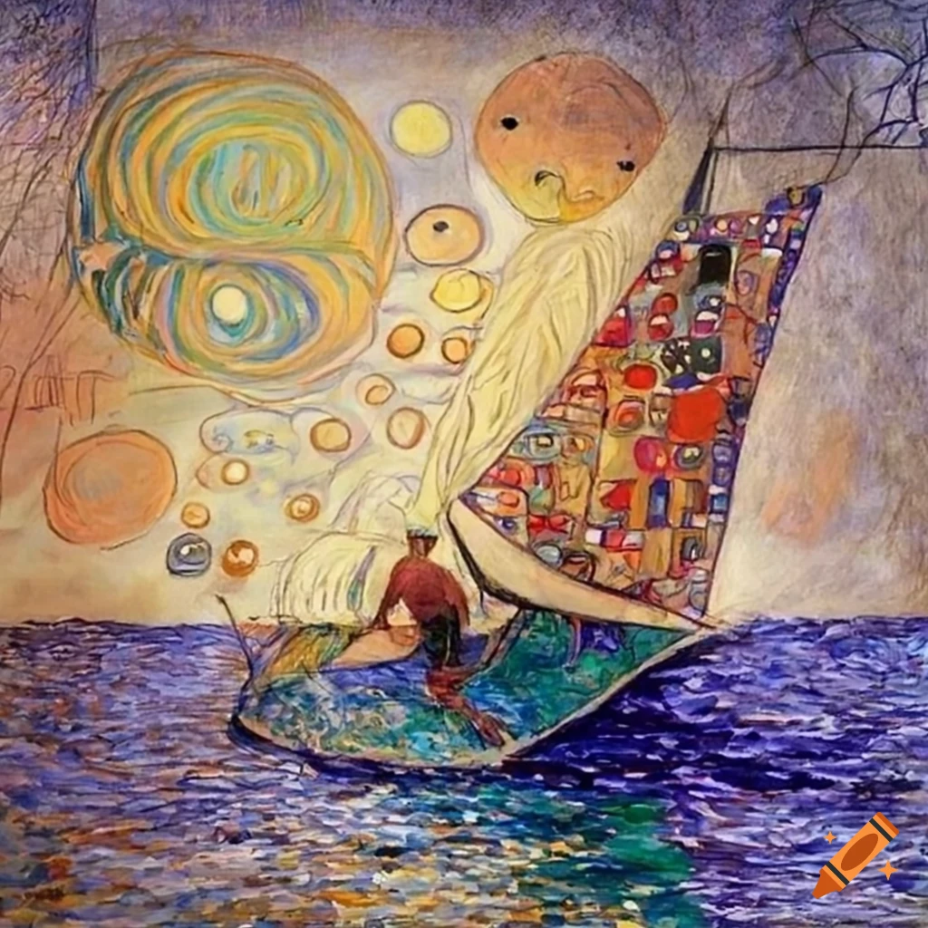 Man on a sailboat with fenders in Gustav Klimt style