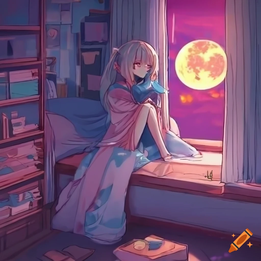 Anime girl in a cozy moon-themed lofi bedroom