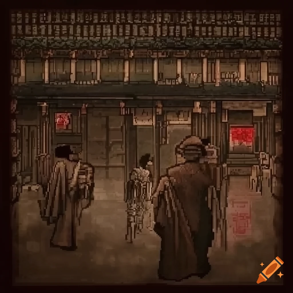 Pixel art with dithering technique in a Traditional Chinese ink painting style
