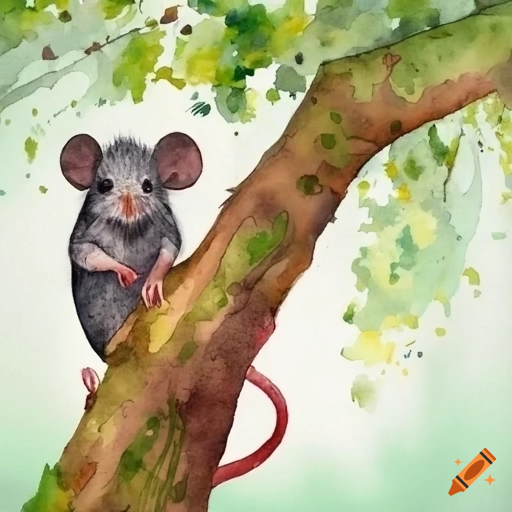 Watercolor illustration of mice on a tree