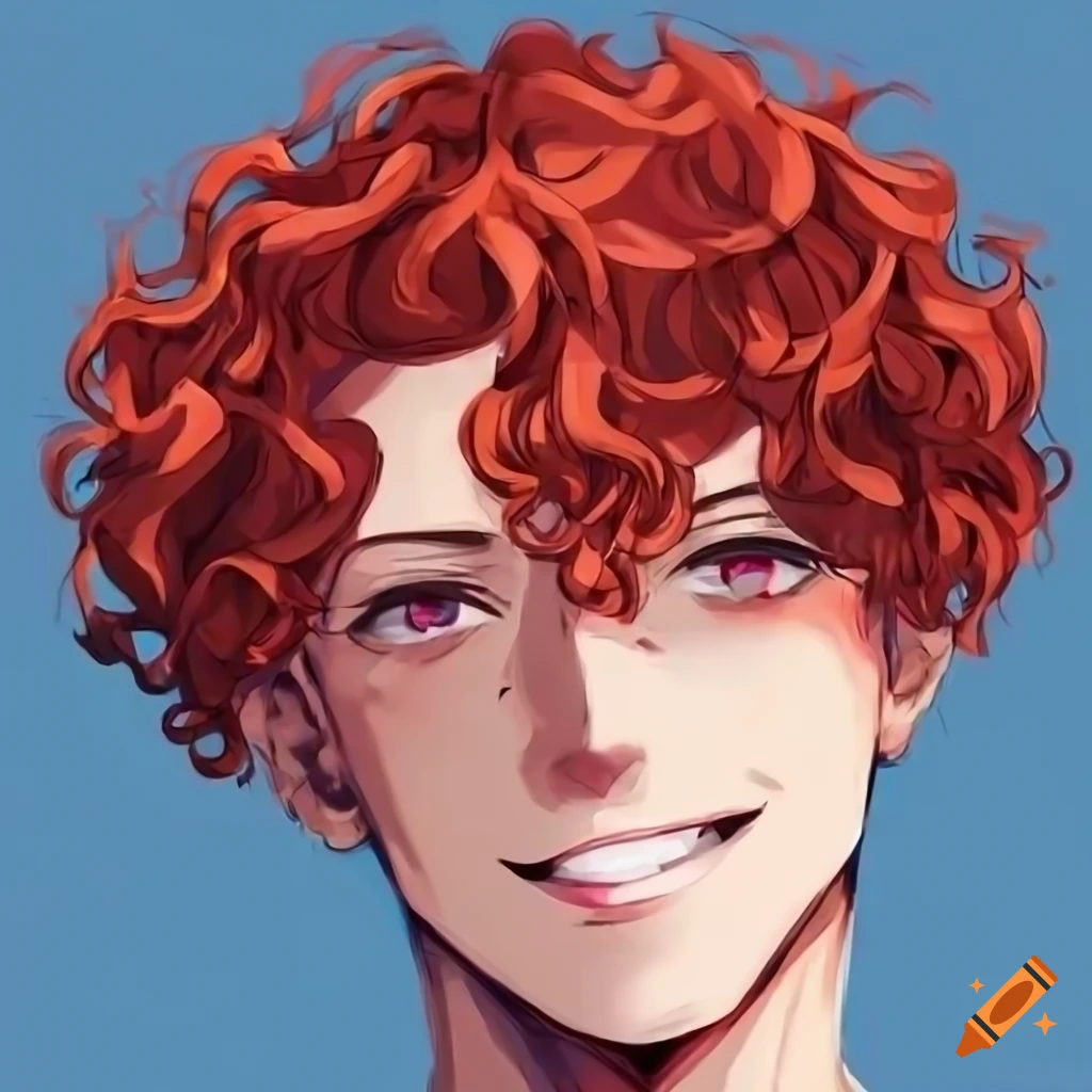 Confident man with red curly hair in anime art style