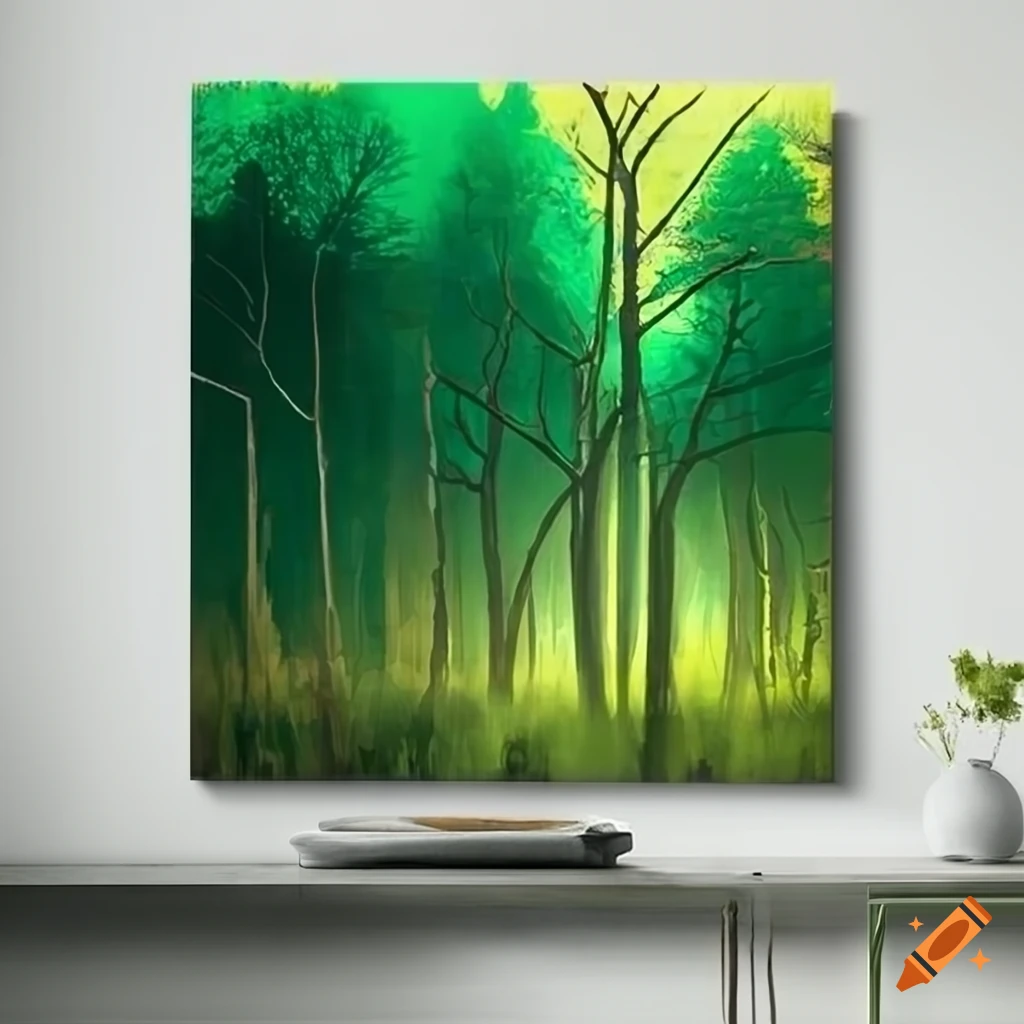 Modern abstract forest wall art in greens on Craiyon