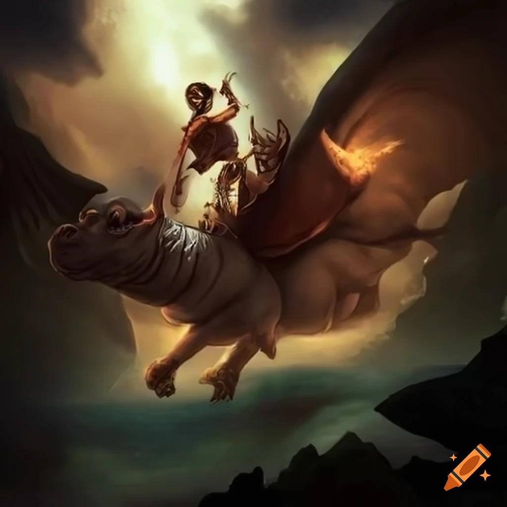 Warrior riding a flying hippo in a magical classic fantasy world on Craiyon
