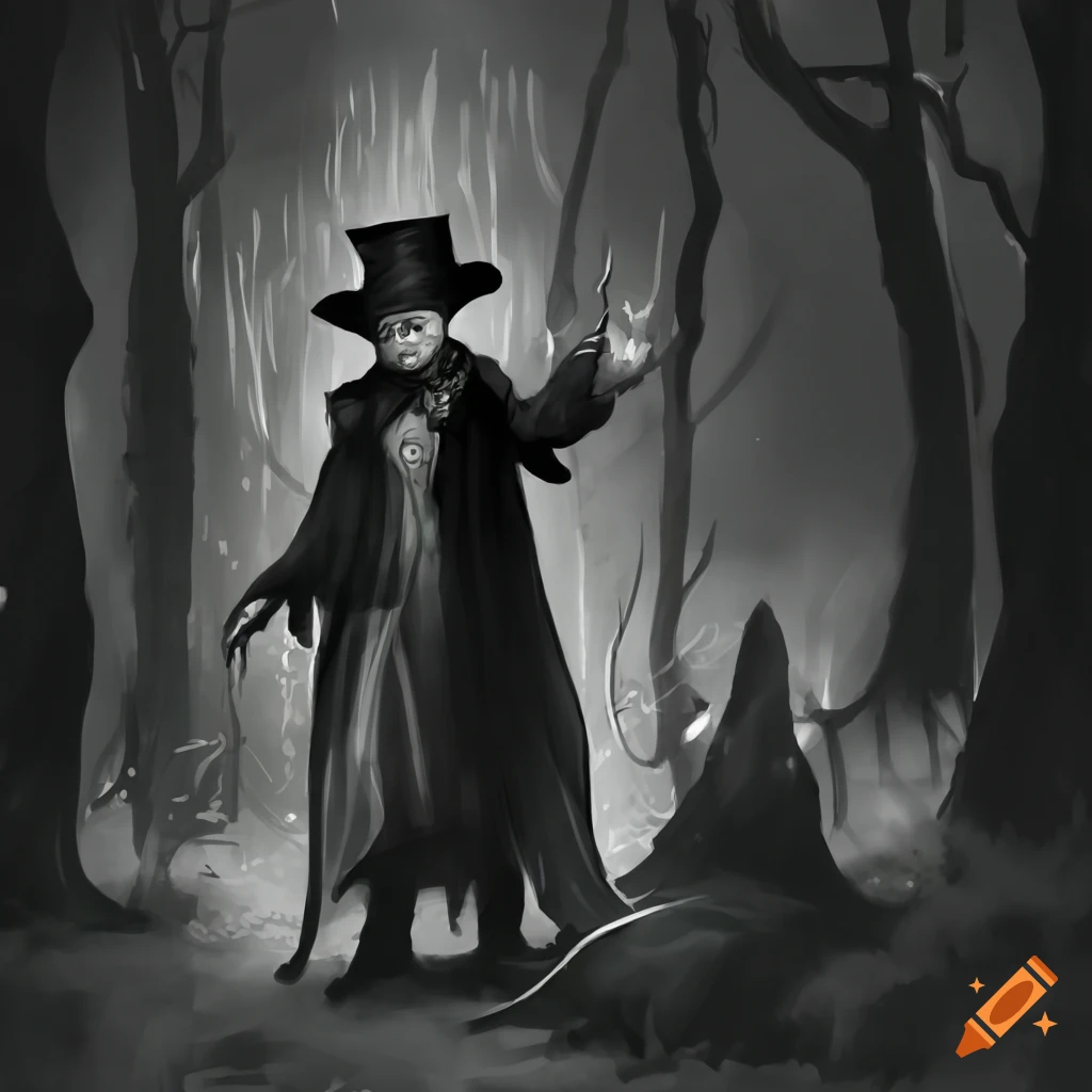 Short man in magician costume in a dark forest wearing a top hat