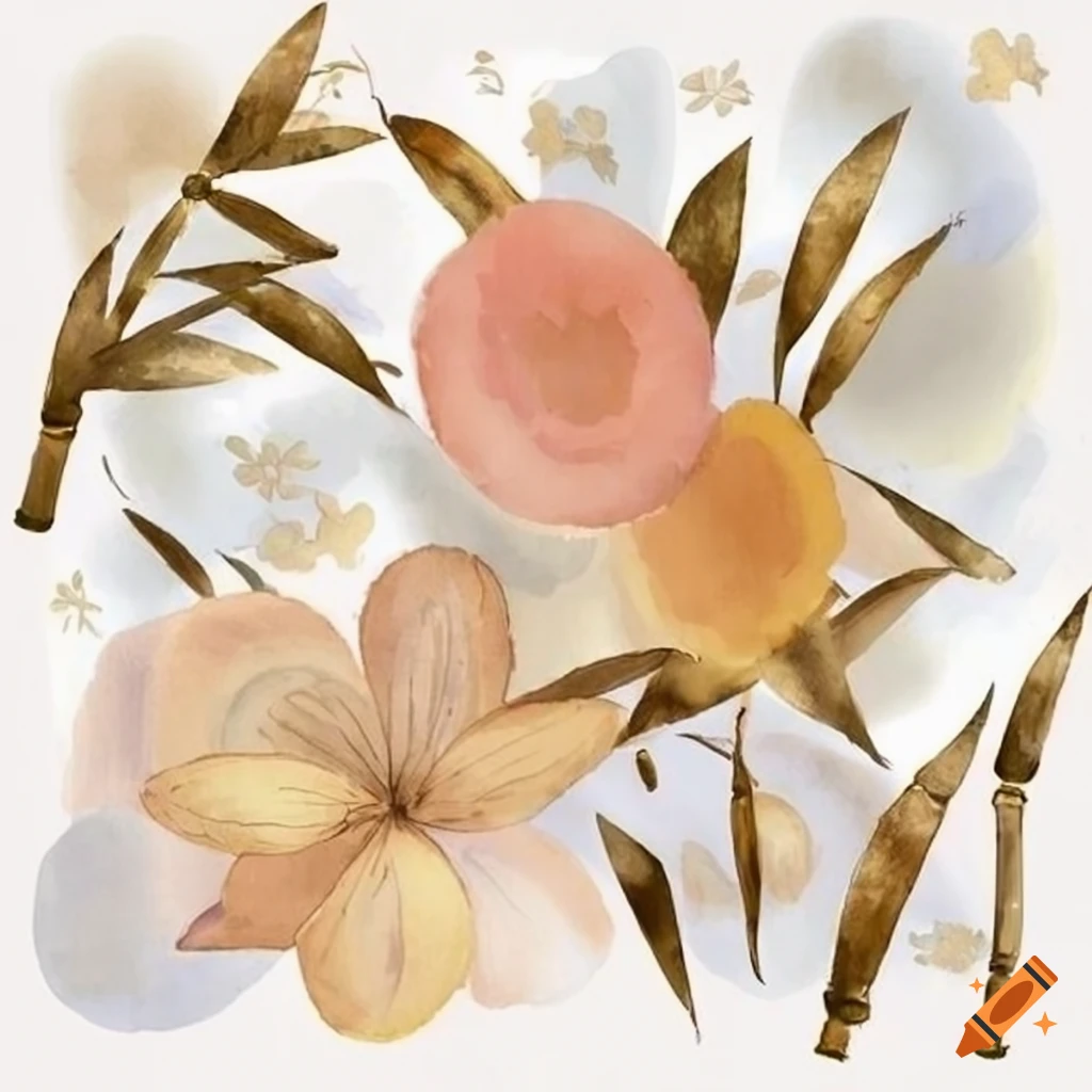Pastel and gold flowers, bamboo, and water in vintage style