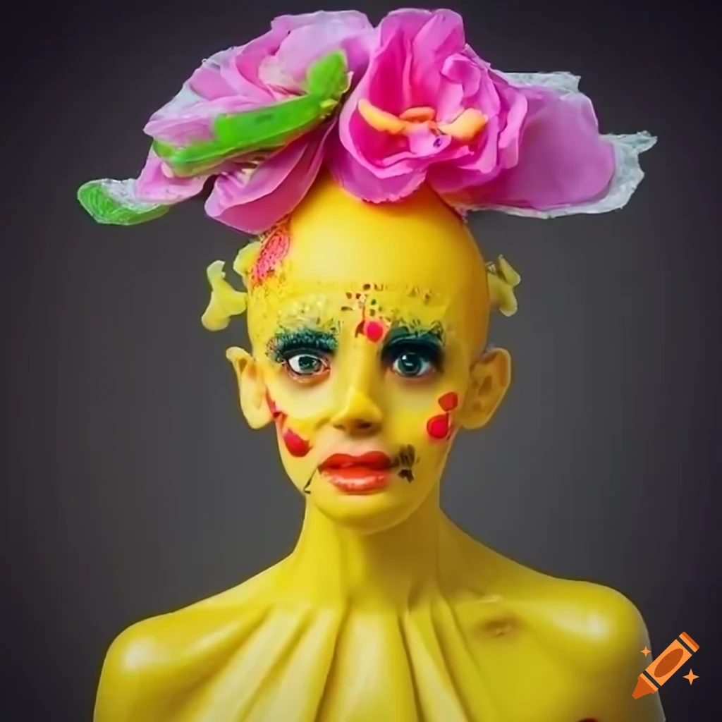 Personaje amarillo con sombrero de flor, cabello de enredadera y overol rosa