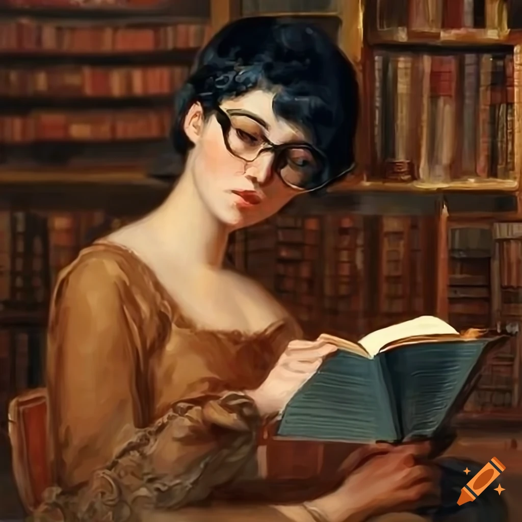 Serene woman reading a book in an antique library