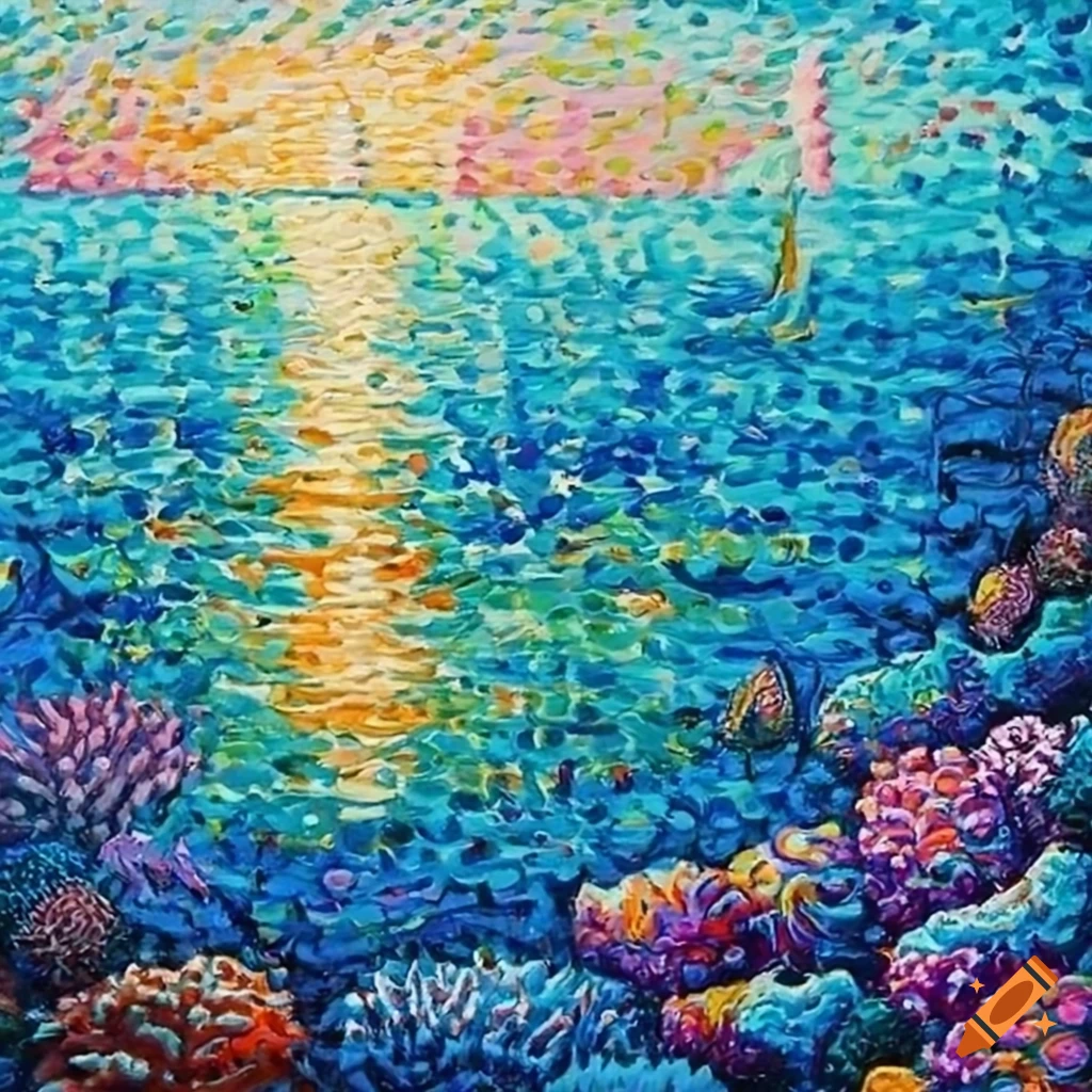 Shallow coral reef at low tide in summertime Paul Signac style