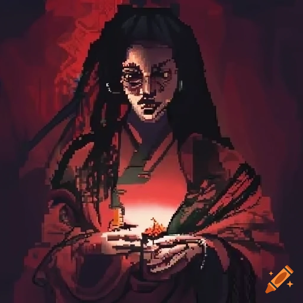 Pixel art with dithering featuring Traditional Chinese ink painting elements