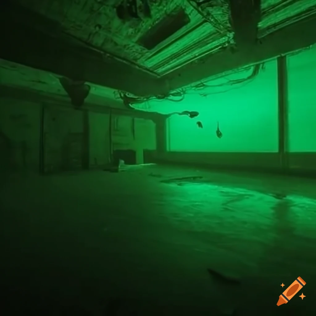 Desolated dark underground lab with a large green room