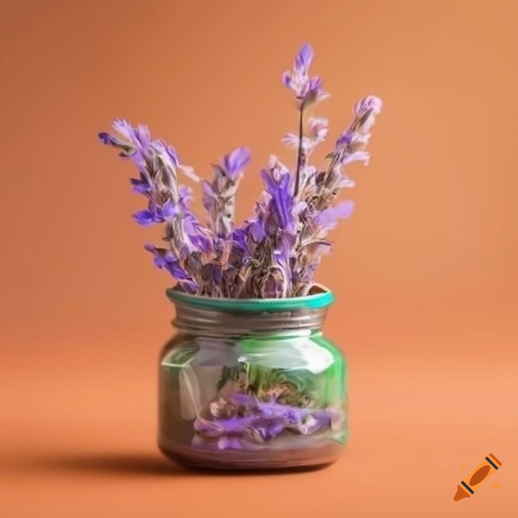 Jar with sage flowers on brown background