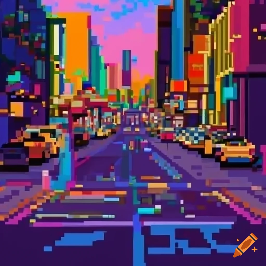 Pixel art Sega Genesis inspired narrow streets view with crowd traffic
