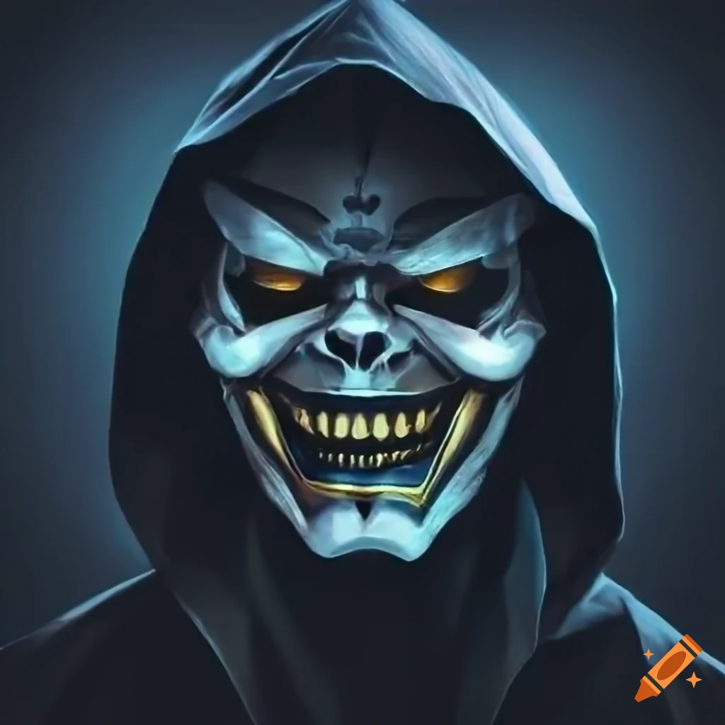 Male alchemist with intricate masquerade joker's mask in a black robe