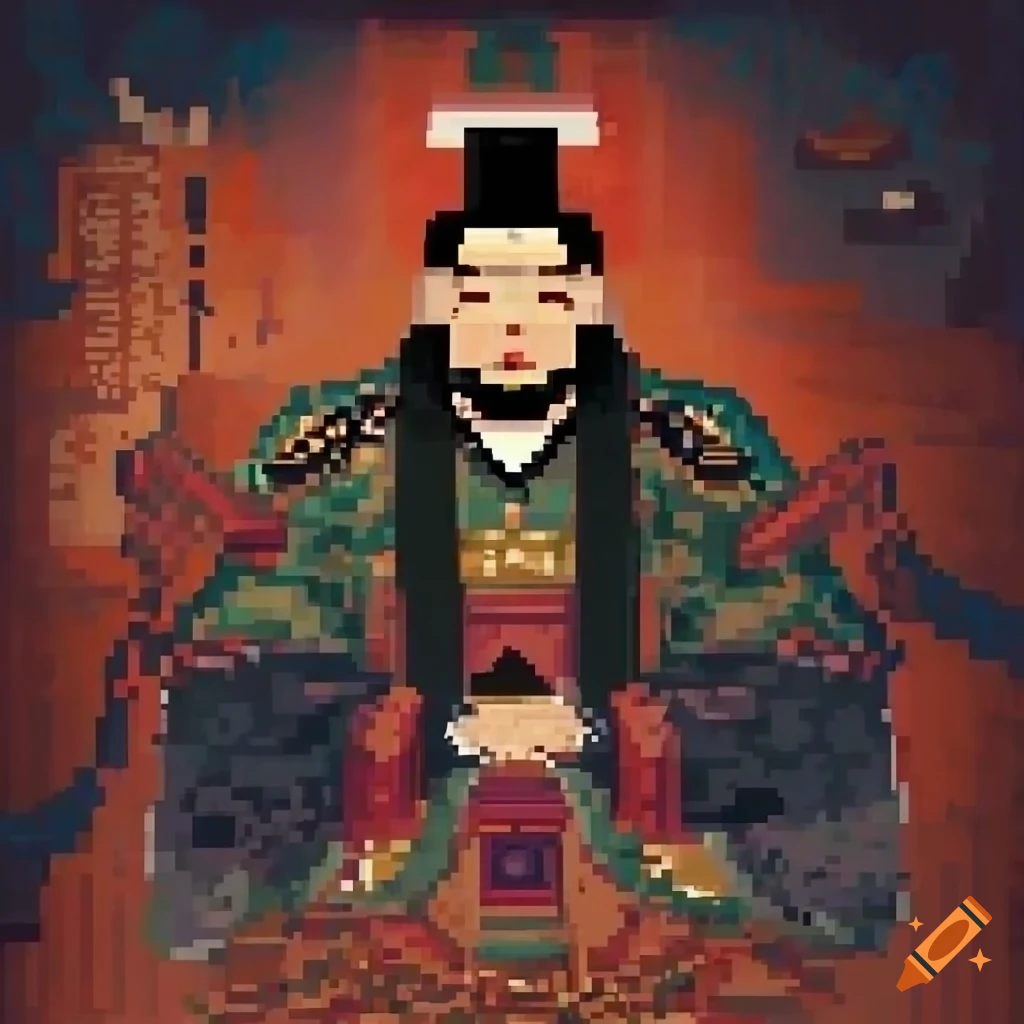 Pixel art of The Jade Emperor in a traditional Chinese ink painting style