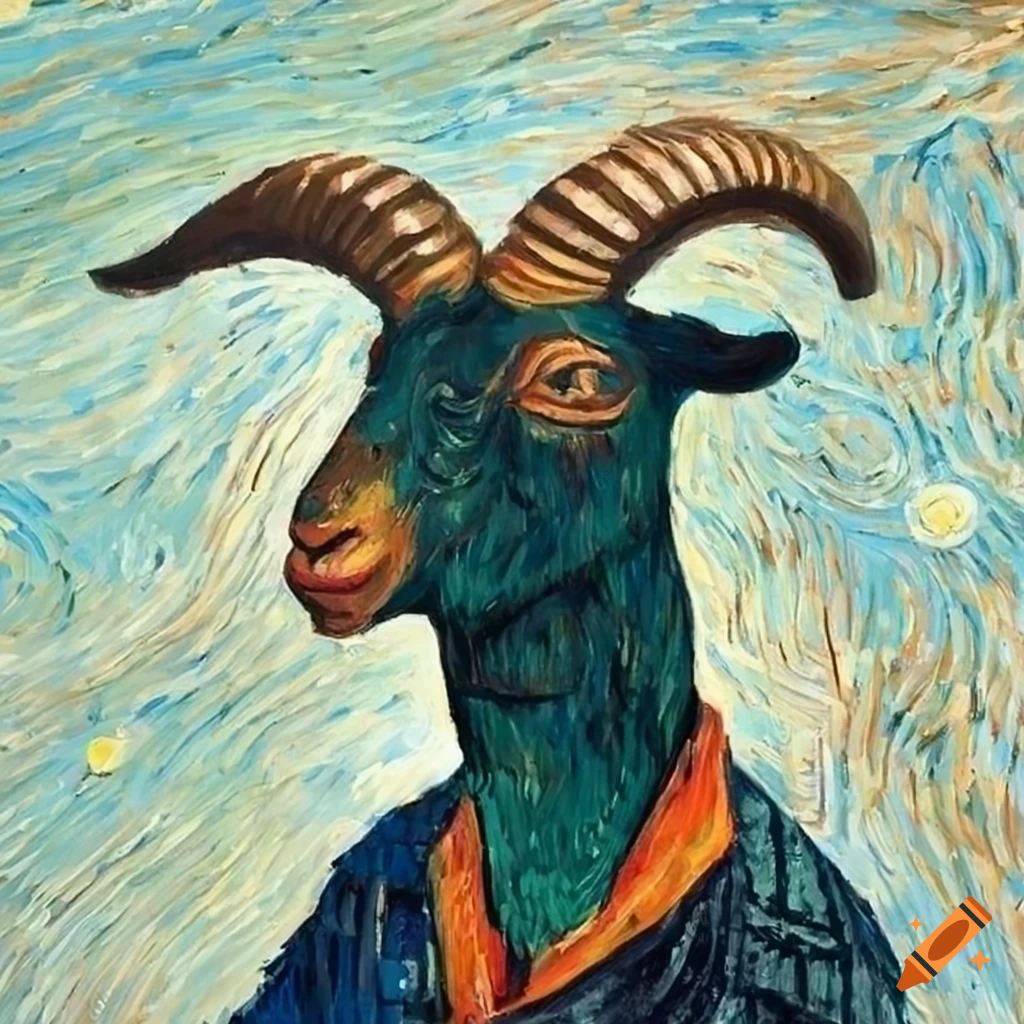 Billy goat with funnel hat in Van Gogh style