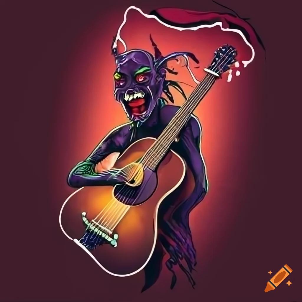 Demon playing acoustic guitar with sharp lines and focused color on ...