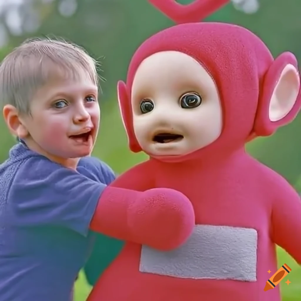 Female Teletubby offering a piggyback ride to a boy