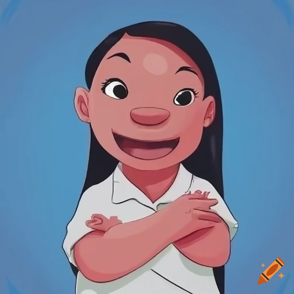 Lilo in a white sleeveless collared shirt with arms crossed