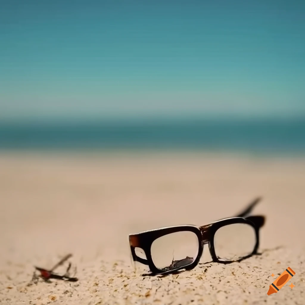 Cracked 1940s style spectacle glasses with a fly on a mysterious island beach