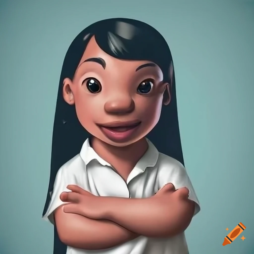 Lilo in a white sleeveless collared shirt with arms crossed