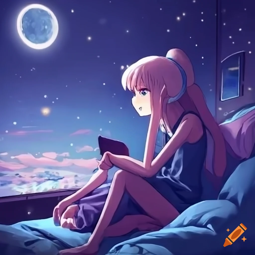 Dreamy and cozy moon-themed anime lofi bedroom at night with anime girl on bed