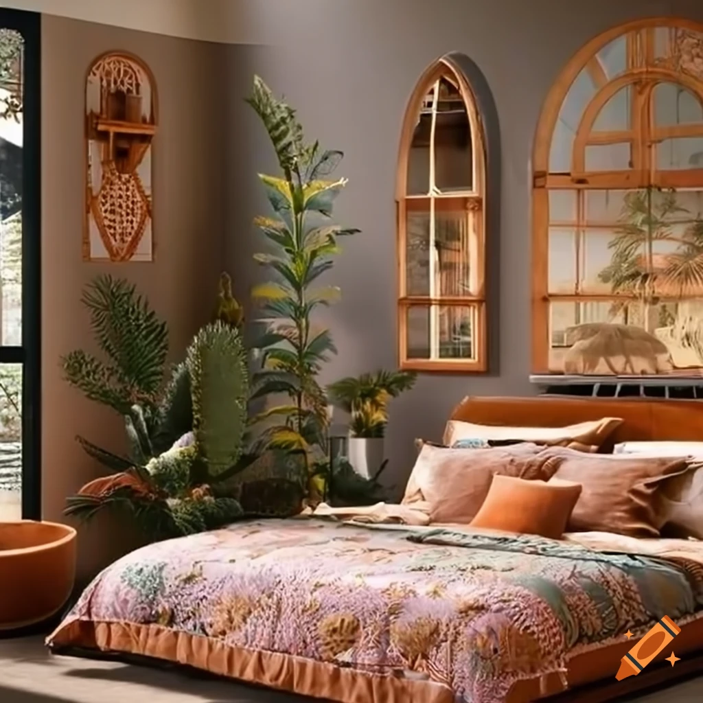 Cozy desert boho bedroom with ornate decor and desert plants on Craiyon