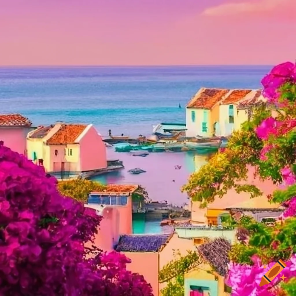 Tranquil seaside village with silk waves and pastel cottages