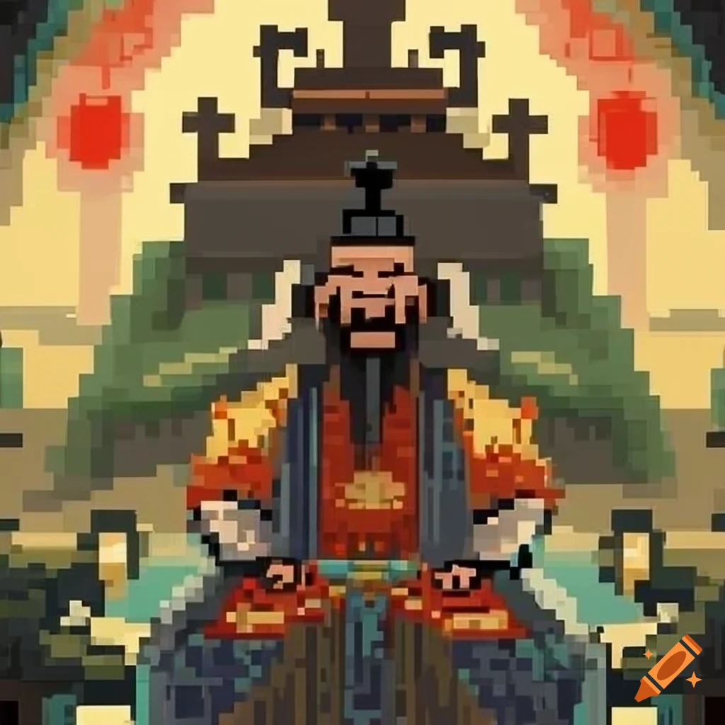 Pixel art of the Jade Emperor in a traditional Chinese ink painting style