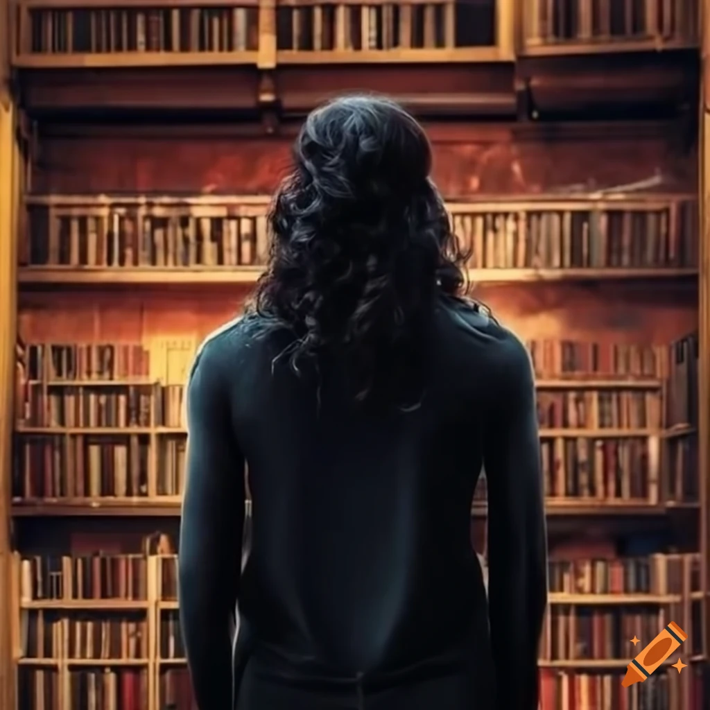 Man with long black hair in a magical library