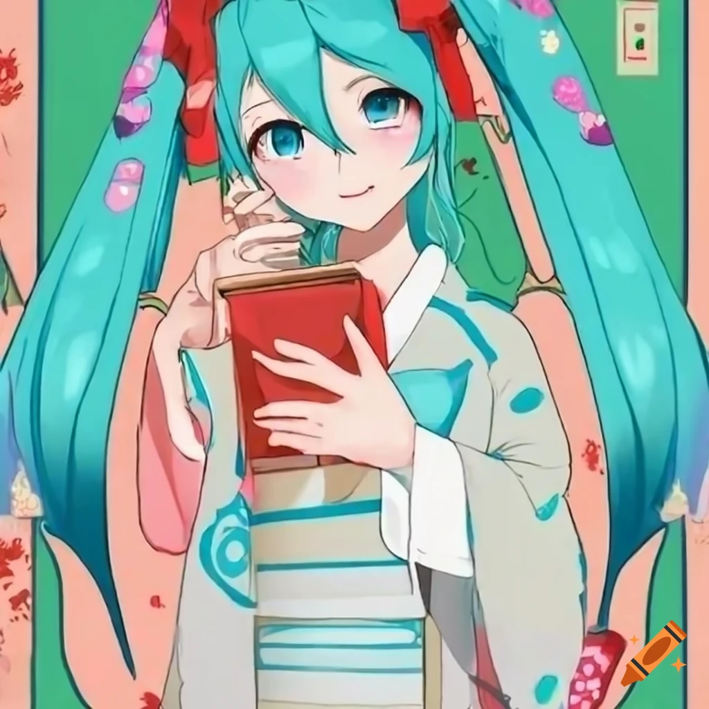 Minimalistic ukiyo-e portrait of Hatsune Miku in a kimono