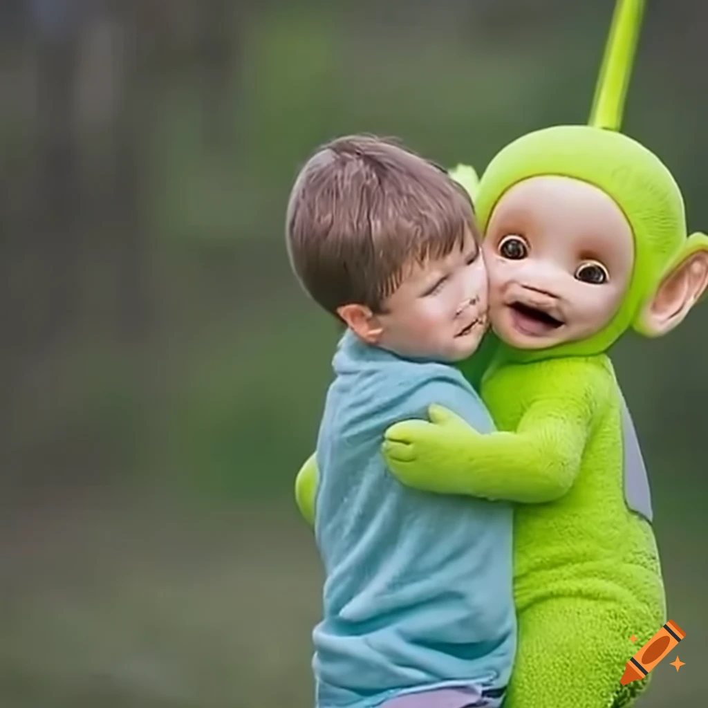 Female teletubby offering a piggyback ride to a boy