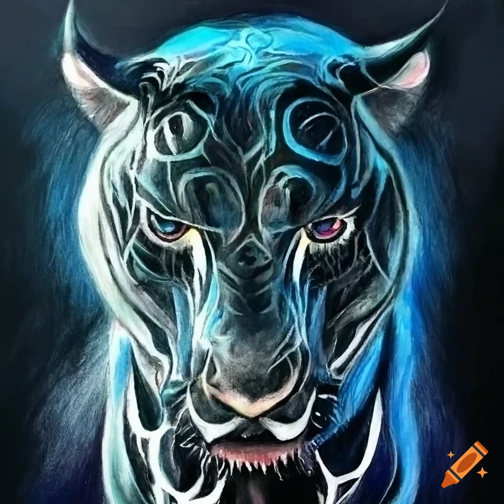 Chinese mystical beast with metallic tribal tattoos running in colored pencil art