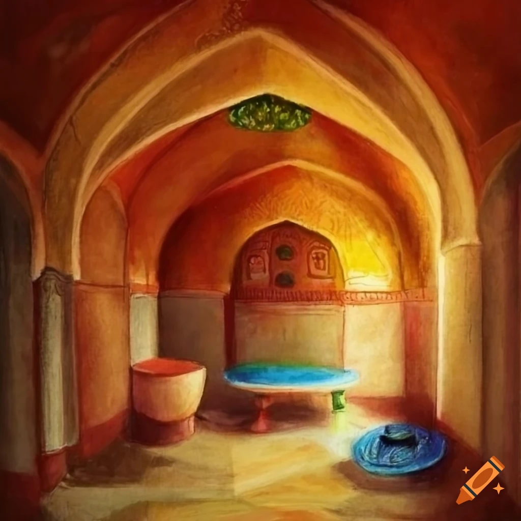 Detailed colored pencil drawing of an Ottoman Hammam Turkish bath