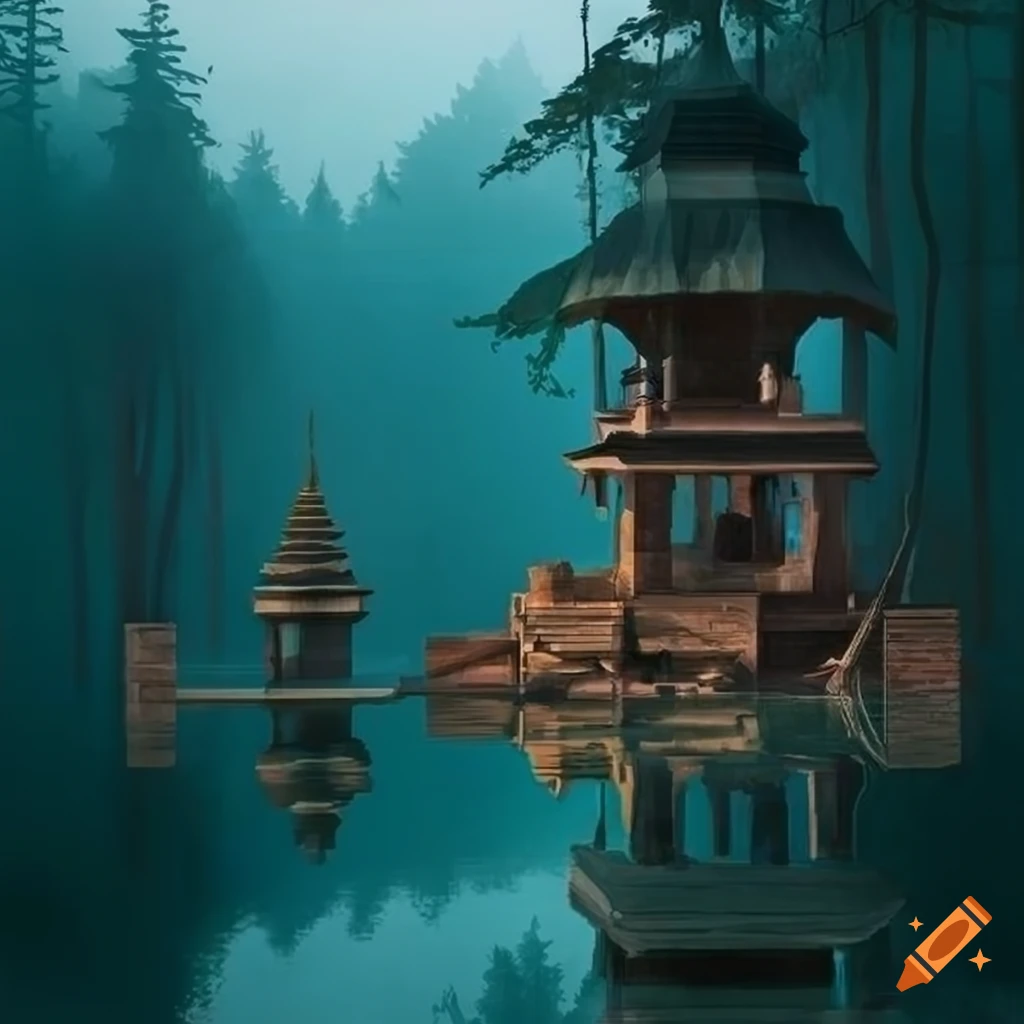 Ghibli-style temple in a lake surrounded by woods