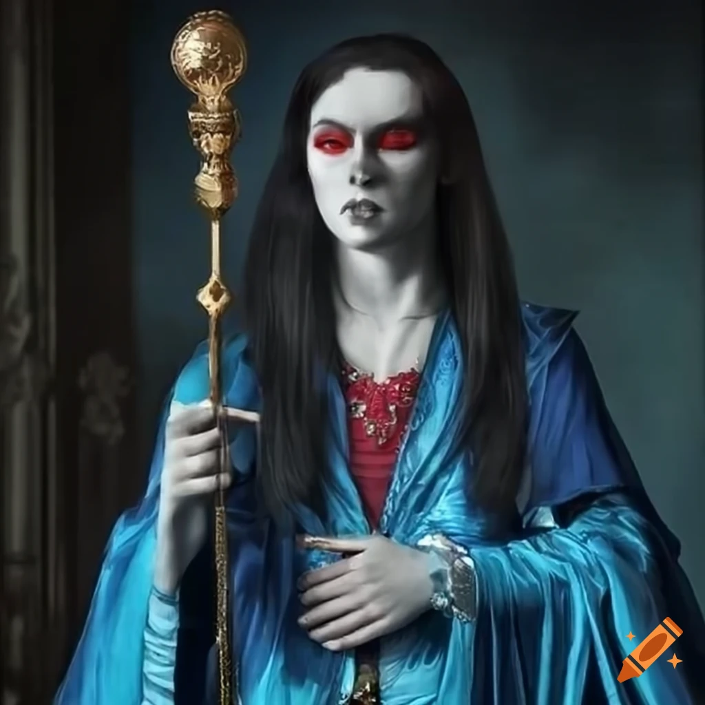 Young vampire viscount in blue robes holding a scepter against a palace backdrop