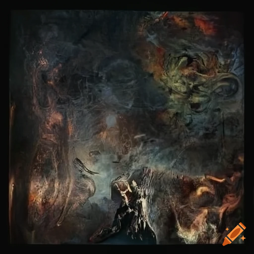Baroque baron in a chaotic hellish landscape inspired by acid rock and esoteric themes