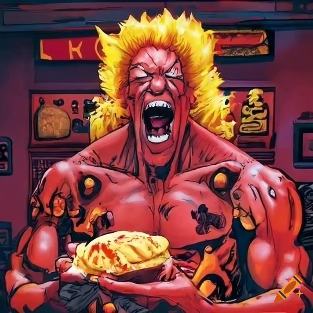 Eating in a fast food restaurant with dynamic lighting in a comic book ...