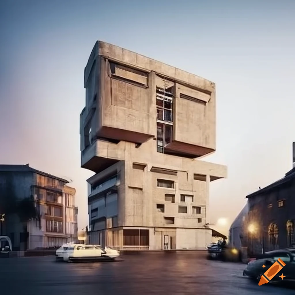 Facade of a g+4 residence blending brutalism and neoclassical architecture